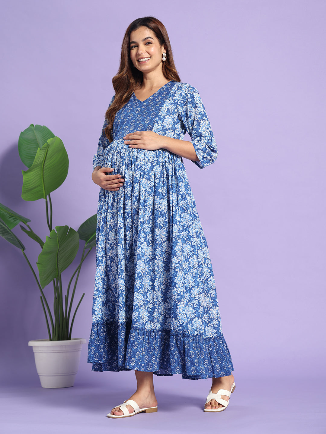 The Indigo Bloom: Premium Cotton Maternity & Nursing Maxi Dress