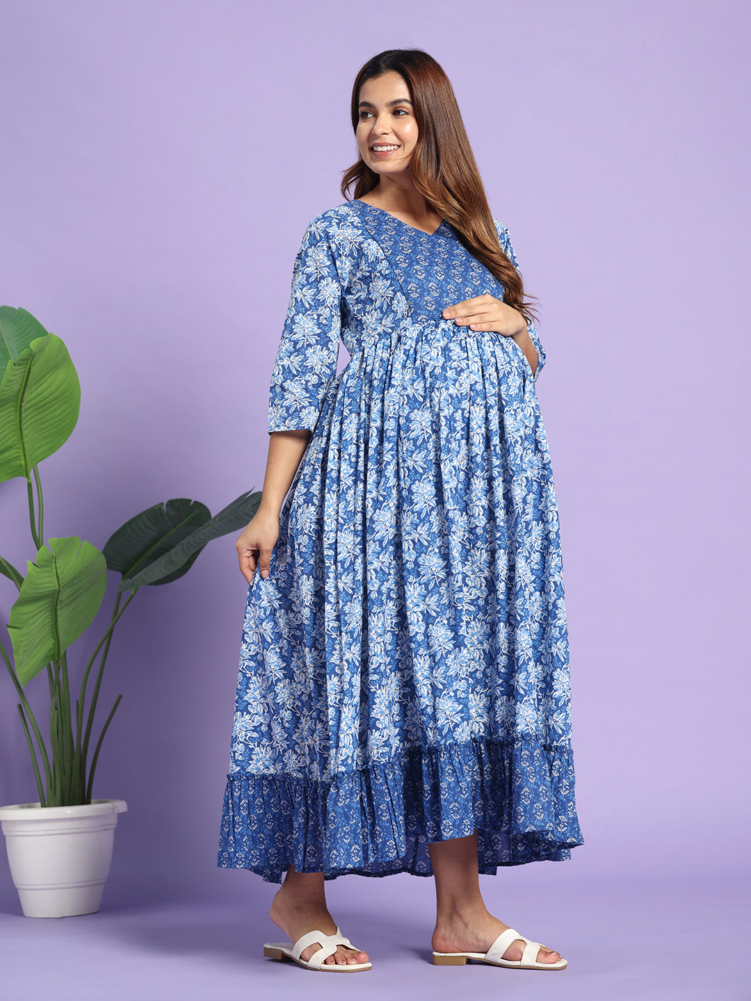 The Indigo Bloom: Premium Cotton Maternity & Nursing Maxi Dress