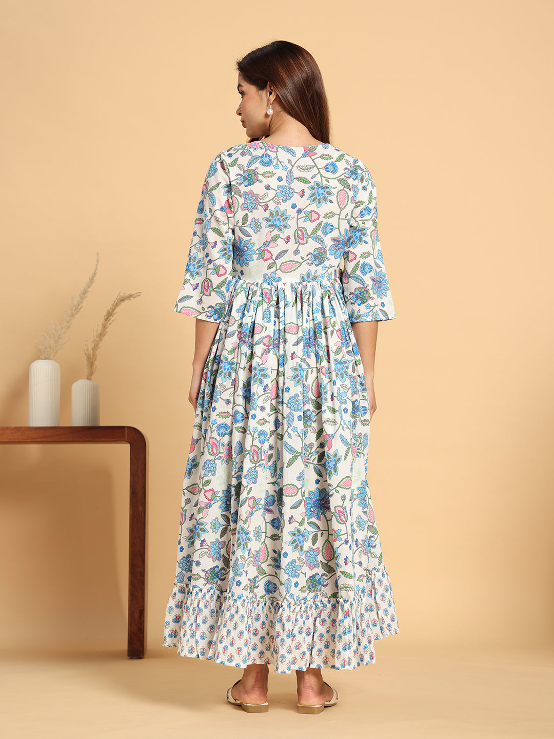 Floral Print Cotton Maternity Dress - Elegant Anarkali Style