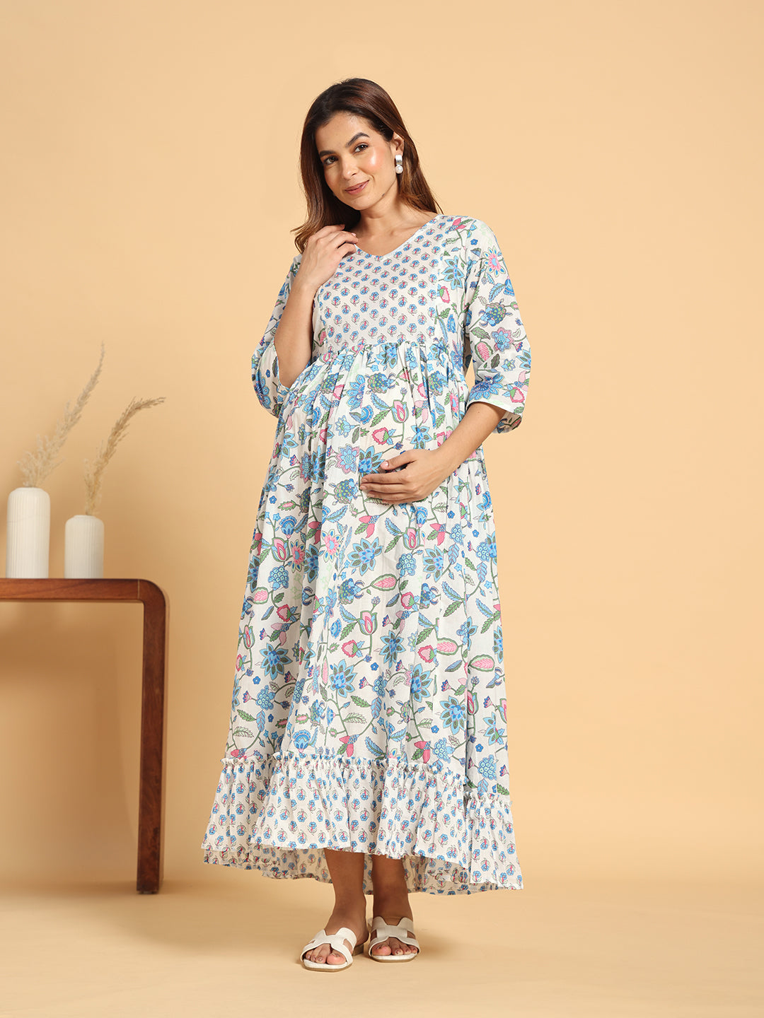 Floral Print Cotton Maternity Dress - Elegant Anarkali Style