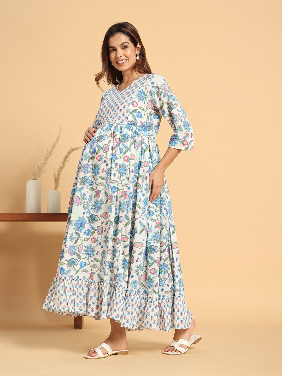 Floral Print Cotton Maternity Dress - Elegant Anarkali Style