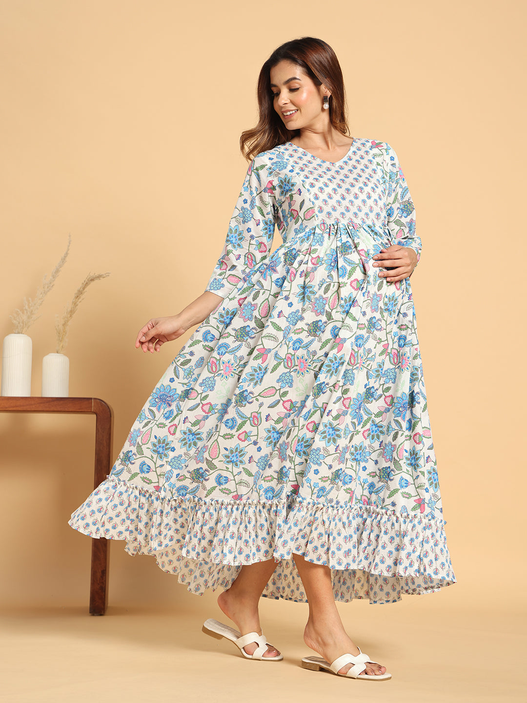 Floral Print Cotton Maternity Dress - Elegant Anarkali Style