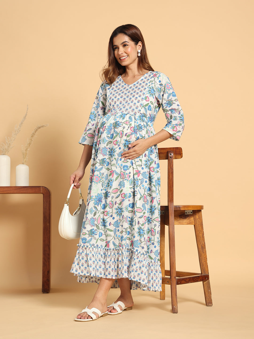 Floral Print Cotton Maternity Dress - Elegant Anarkali Style