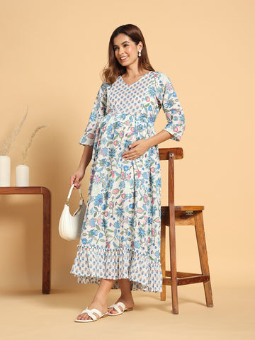 Floral Print Cotton Maternity Dress - Elegant Anarkali Style