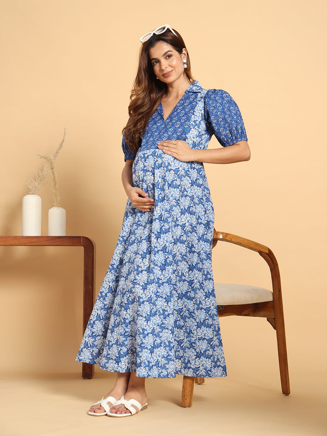 Floral Print Indigo V-Neck Maternity Maxi Dress