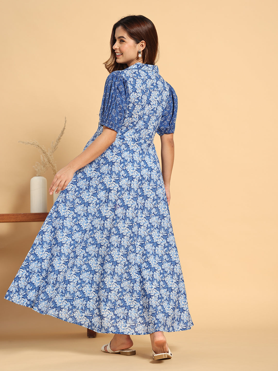 Floral Print Indigo V-Neck Maternity Maxi Dress
