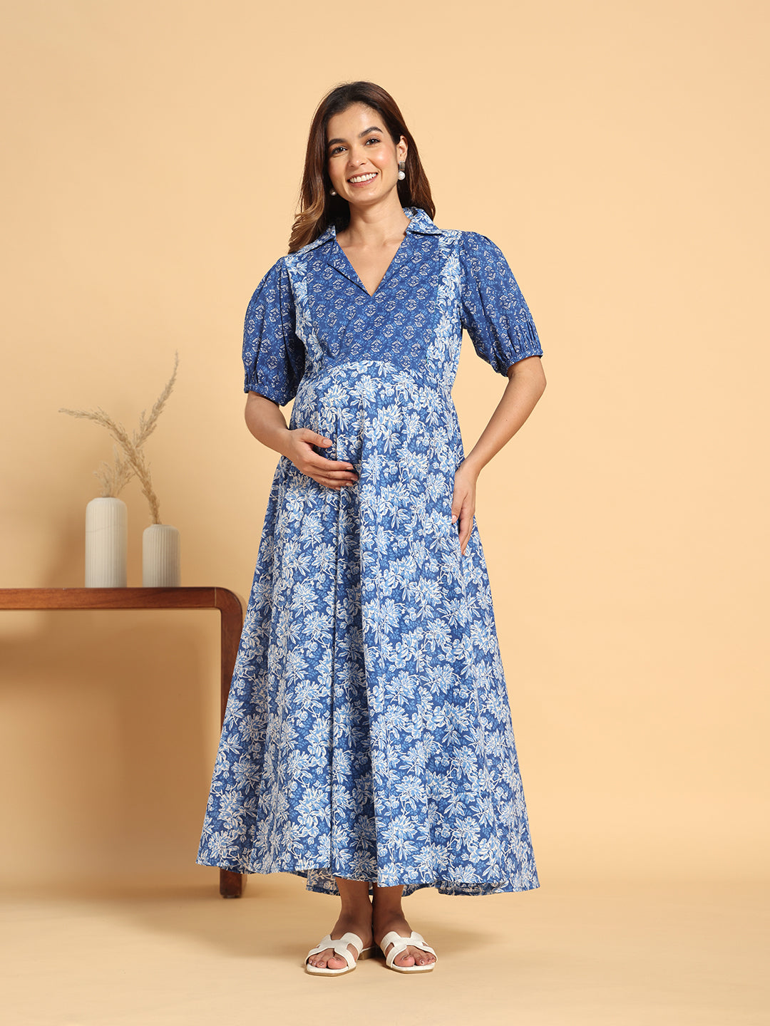 Floral Print Indigo V-Neck Maternity Maxi Dress