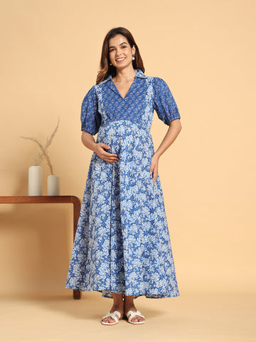 Floral Print Indigo V-Neck Maternity Maxi Dress