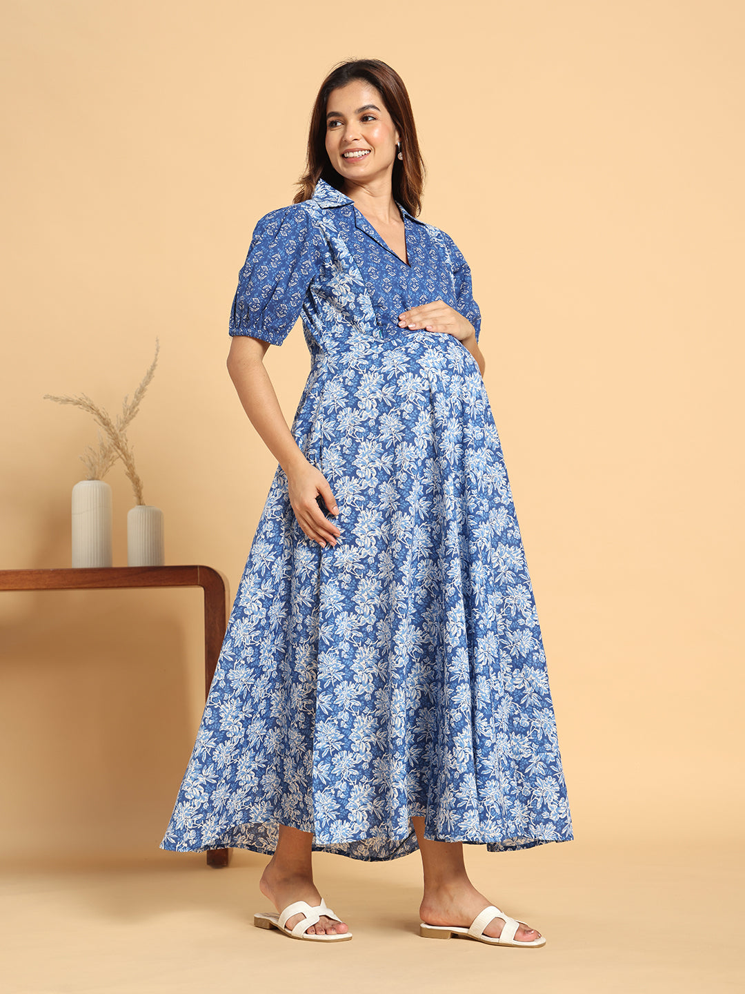 Floral Print Indigo V-Neck Maternity Maxi Dress