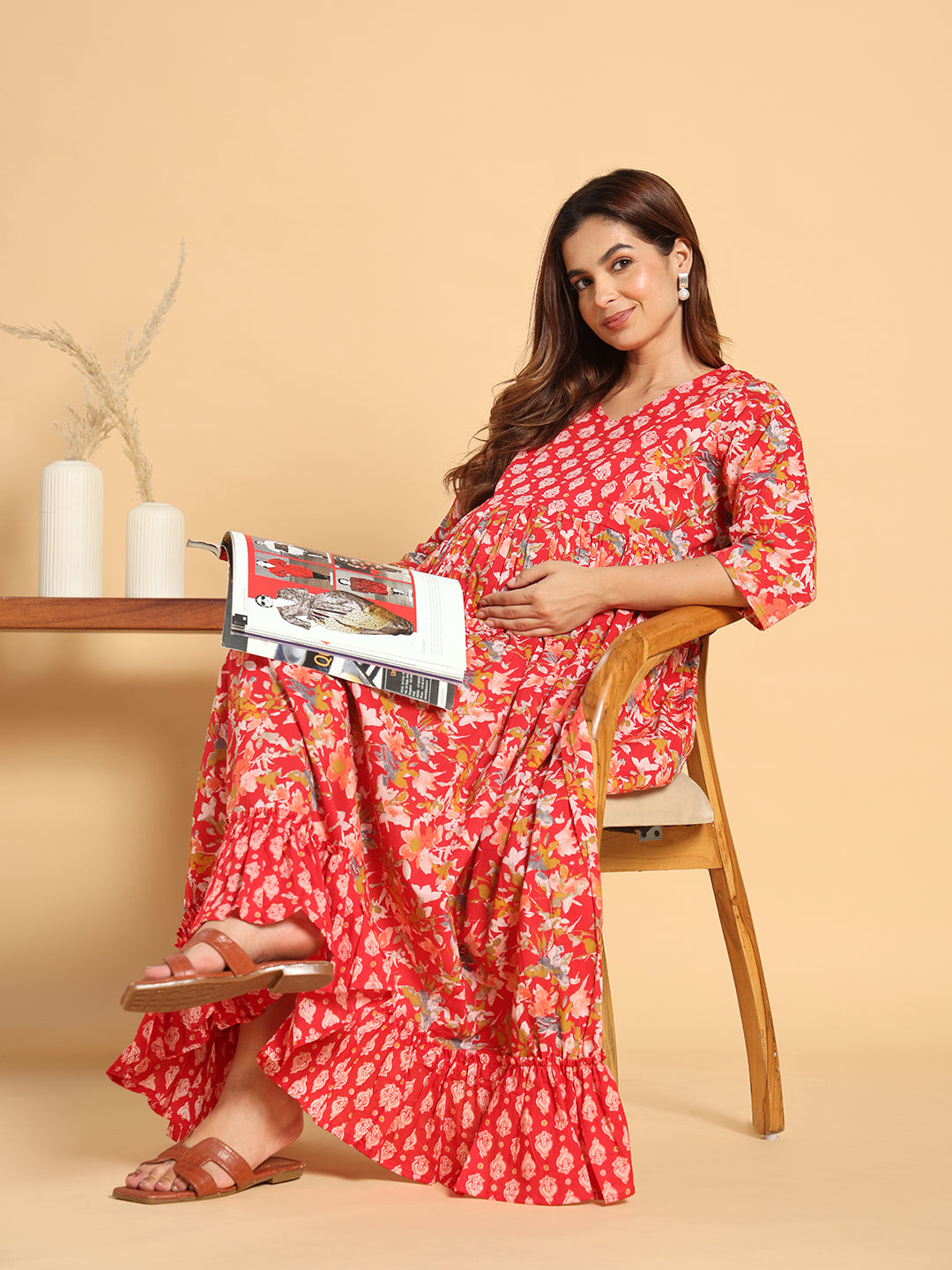 Vibrant Red Floral Maternity & Postpartum Ruffle Dress