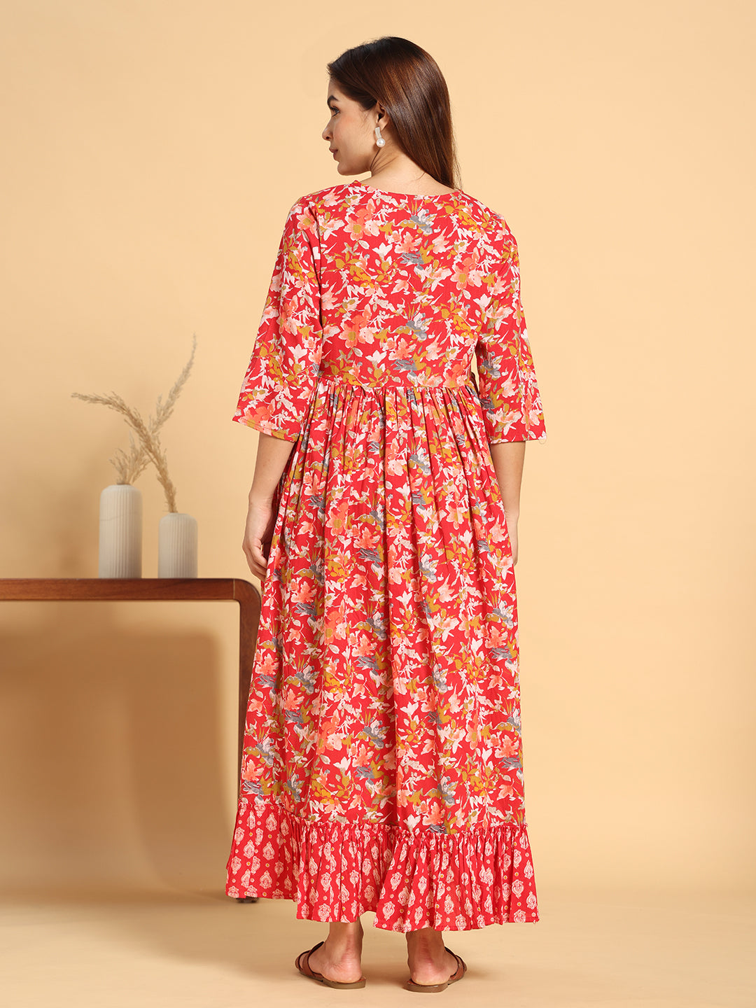 Vibrant Red Floral Maternity & Postpartum Ruffle Dress