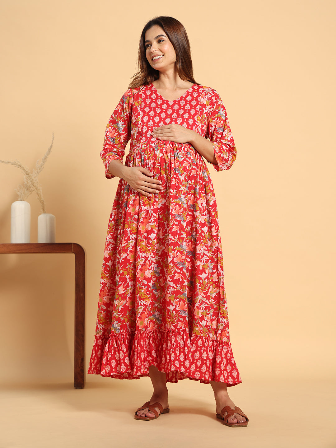 Vibrant Red Floral Maternity & Postpartum Ruffle Dress