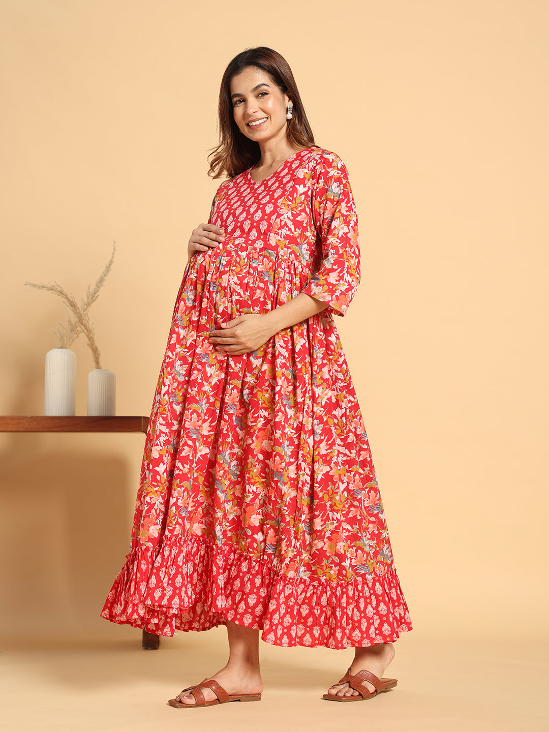 Vibrant Red Floral Maternity & Postpartum Ruffle Dress