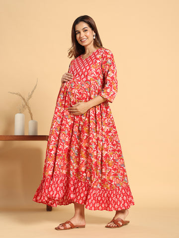 Vibrant Red Floral Maternity & Postpartum Ruffle Dress