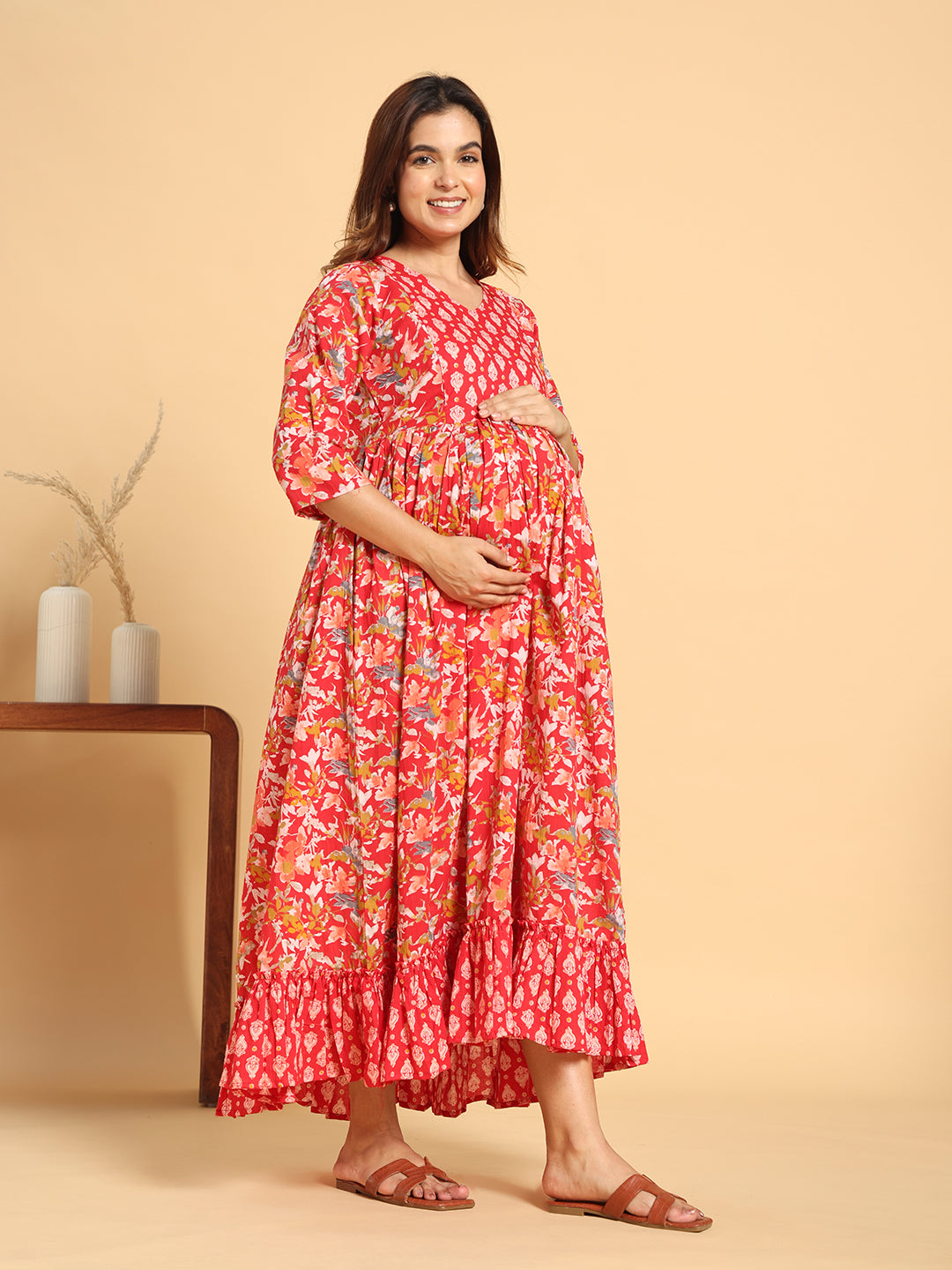Vibrant Red Floral Maternity & Postpartum Ruffle Dress