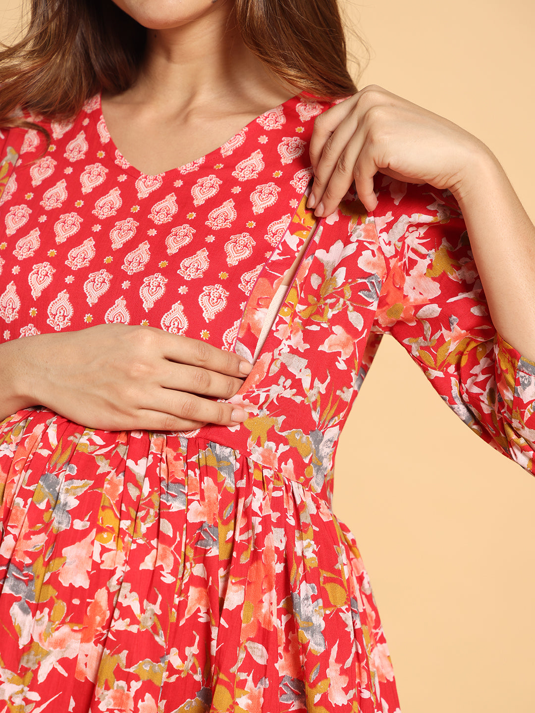 Vibrant Red Floral Maternity & Postpartum Ruffle Dress