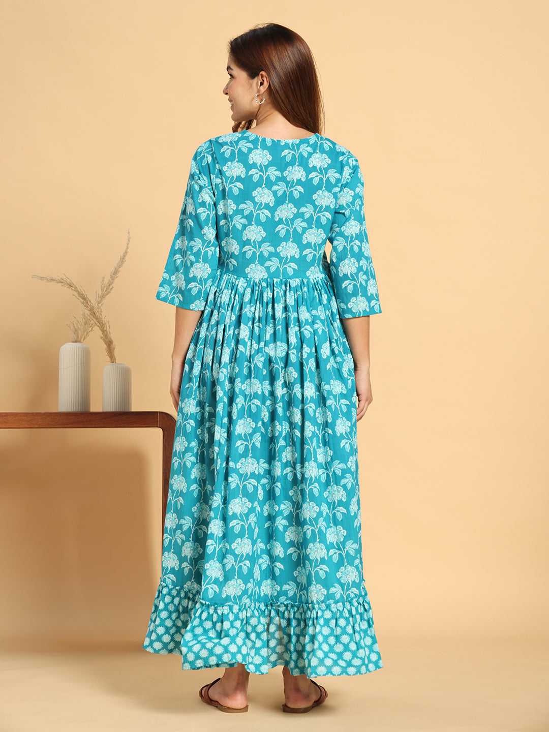 Turquoise Blue Cotton Maternity Dress - Floral Print Anarkali Gown for Pregnancy
