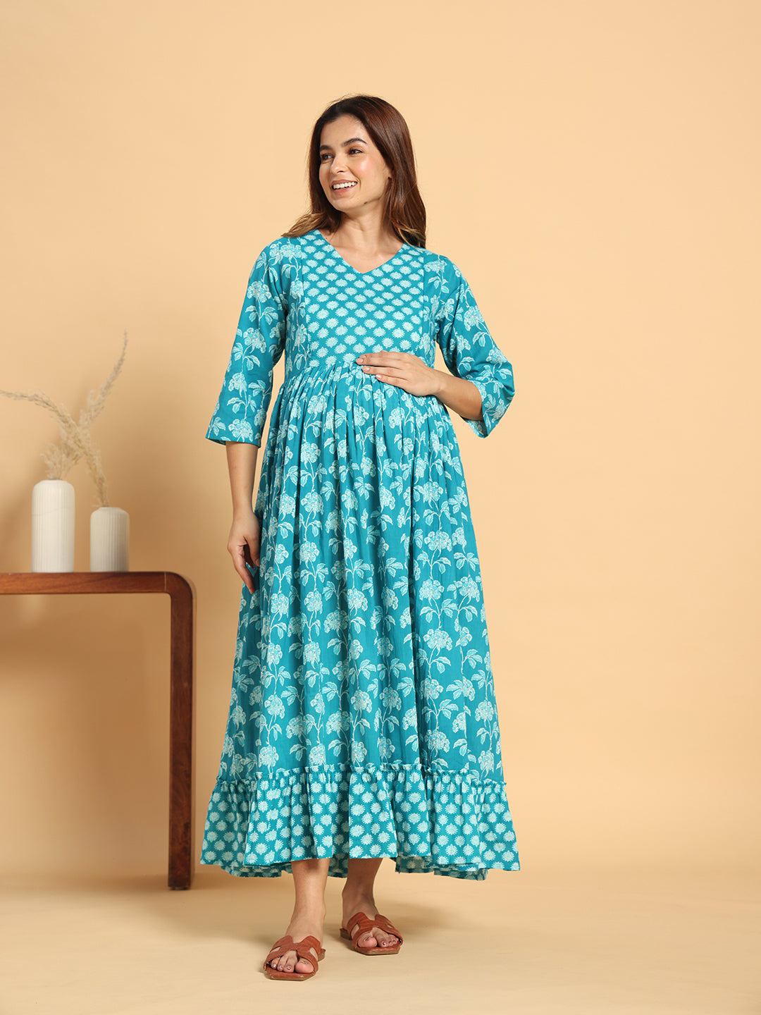 Turquoise Blue Cotton Maternity Dress - Floral Print Anarkali Gown for Pregnancy