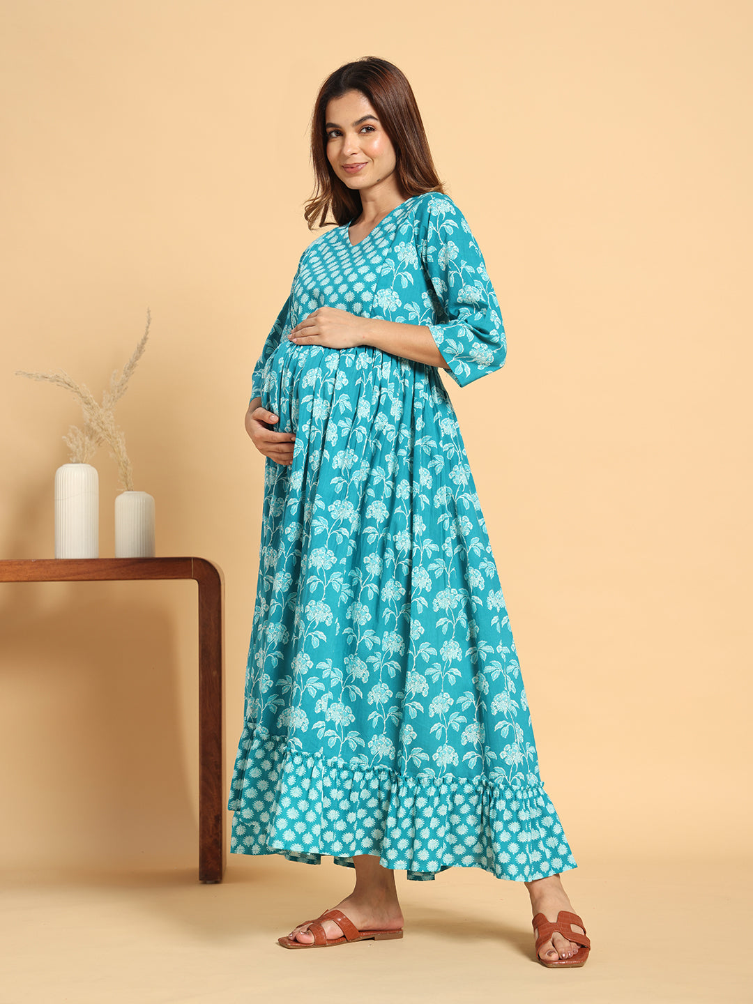 Turquoise Blue Cotton Maternity Dress - Floral Print Anarkali Gown for Pregnancy