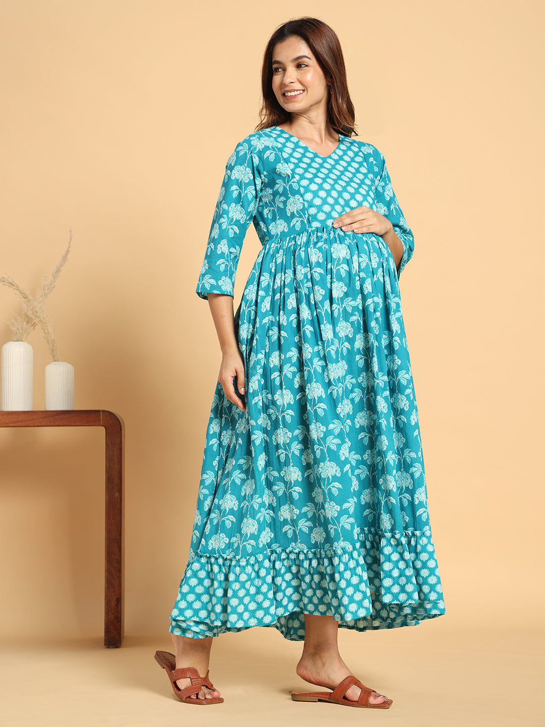 Turquoise Blue Cotton Maternity Dress - Floral Print Anarkali Gown for Pregnancy