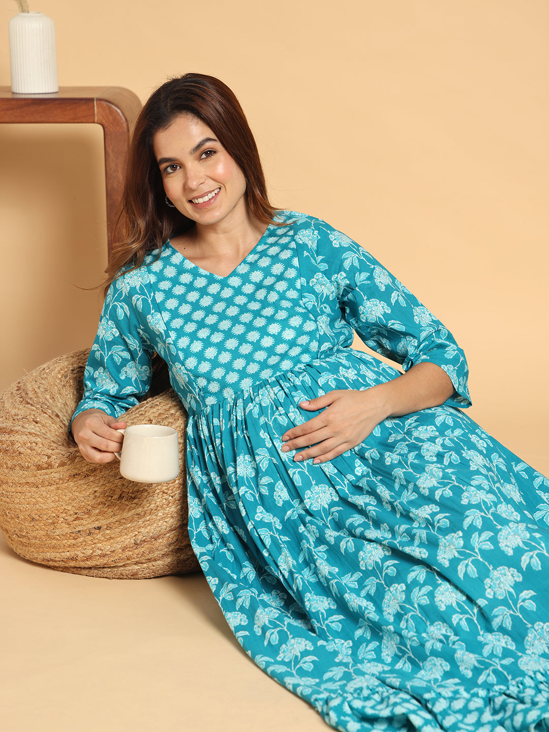 Turquoise Blue Cotton Maternity Dress - Floral Print Anarkali Gown for Pregnancy