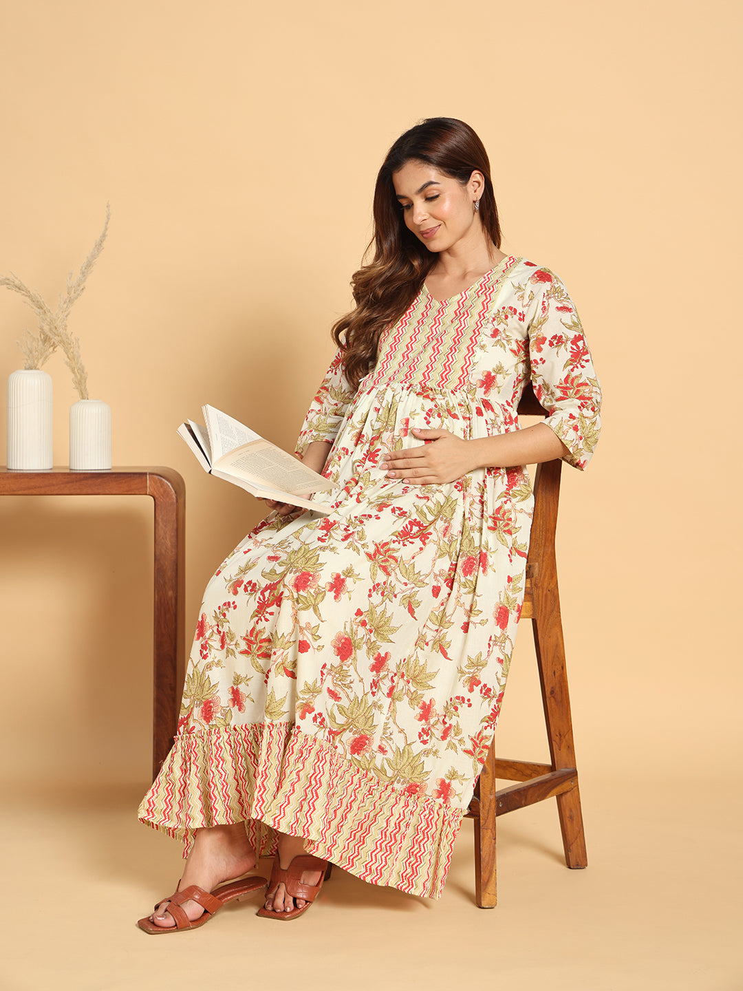 Off-White Floral Maternity & Postpartum Flared Gown