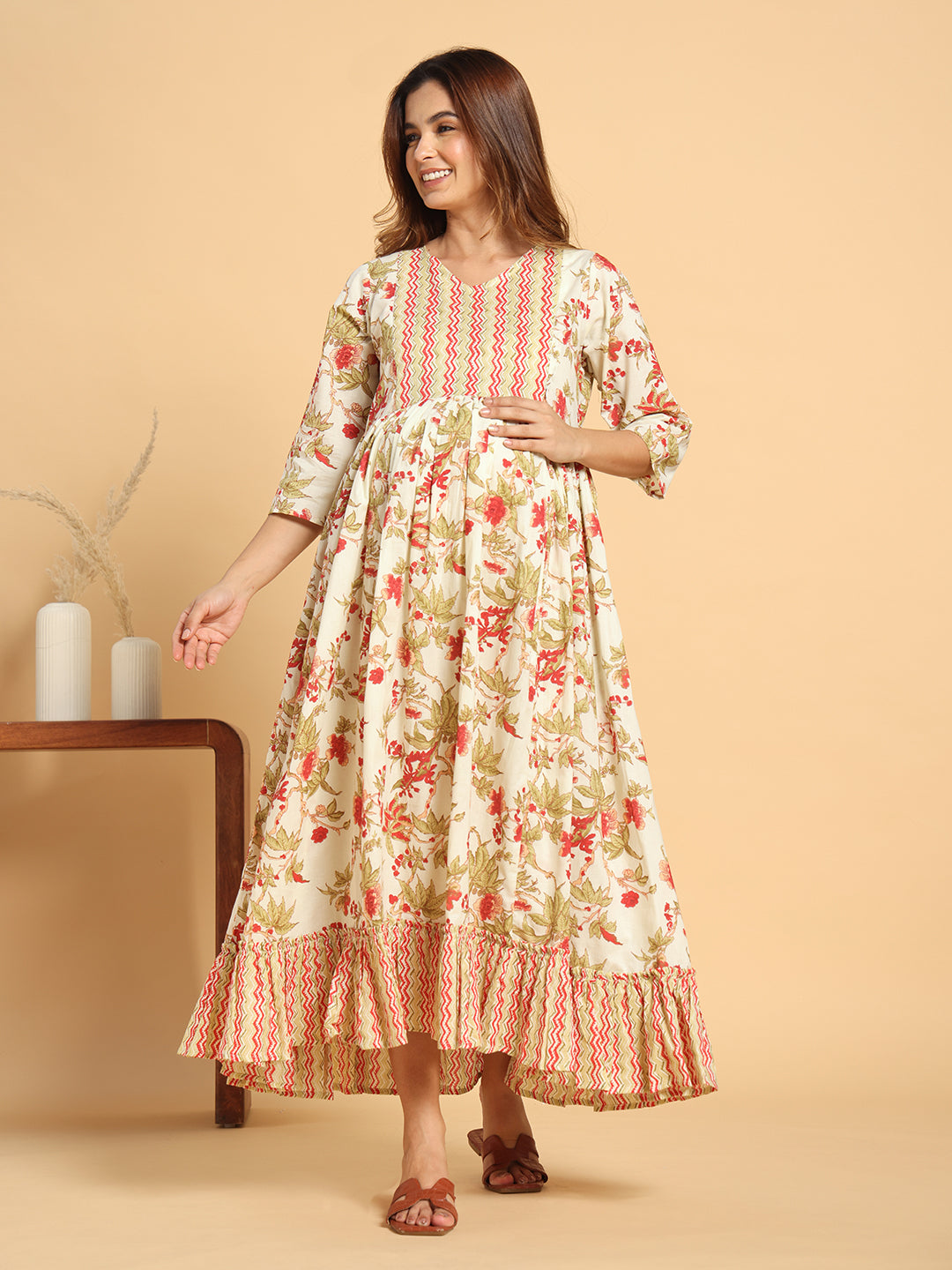 Off-White Floral Maternity & Postpartum Flared Gown