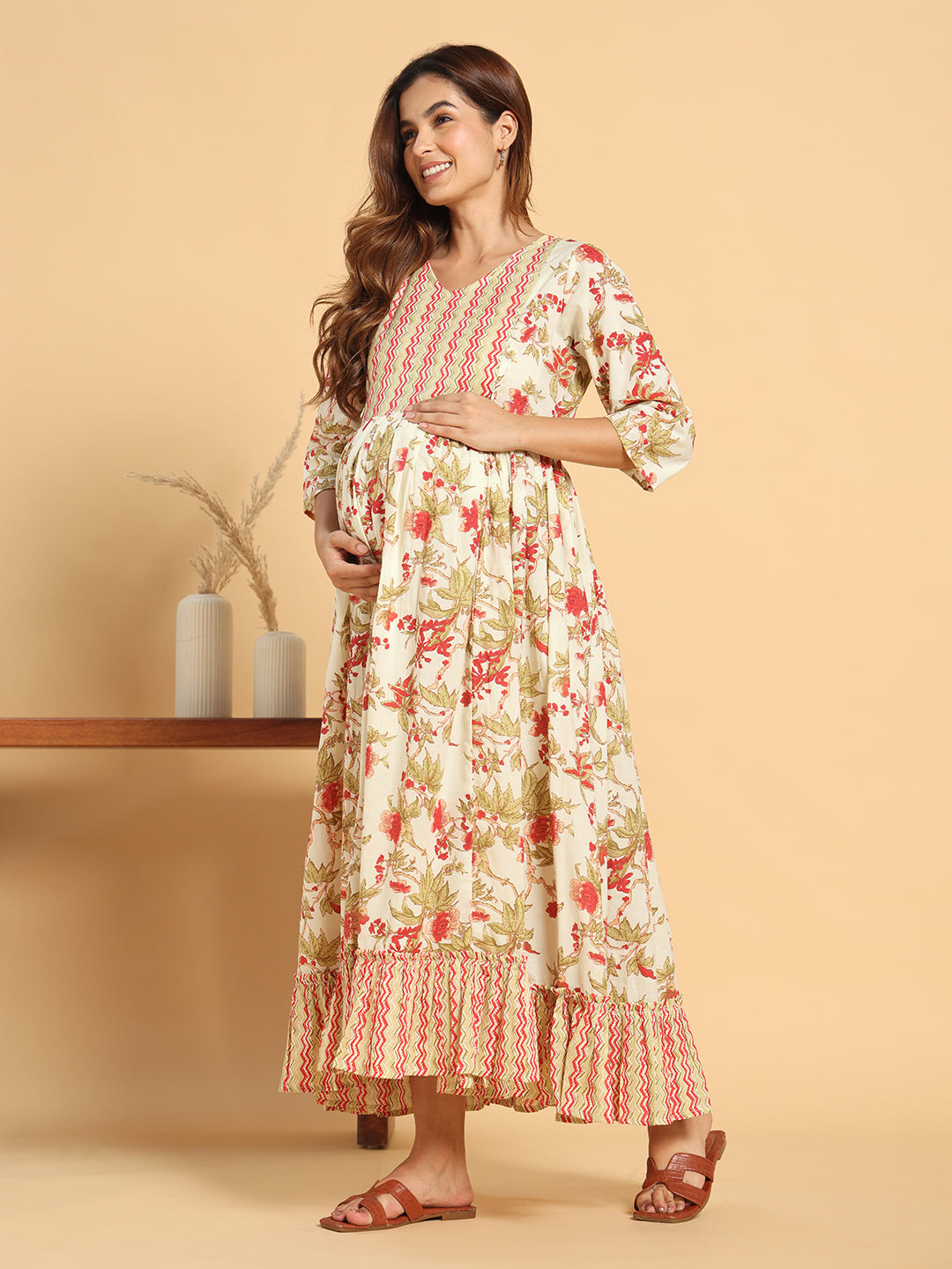 Off-White Floral Maternity & Postpartum Flared Gown