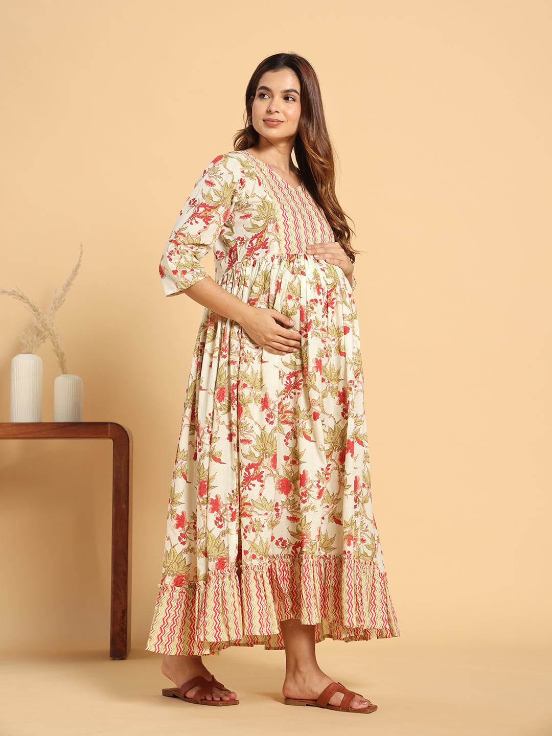 Off-White Floral Maternity & Postpartum Flared Gown