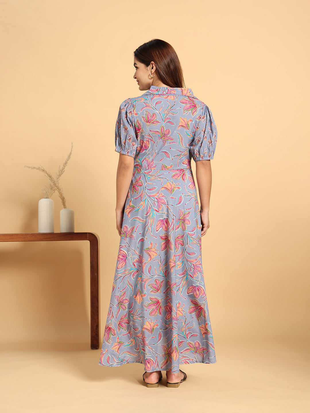 Pastel Floral Collar-Neck Maternity & Postpartum Flared Gown