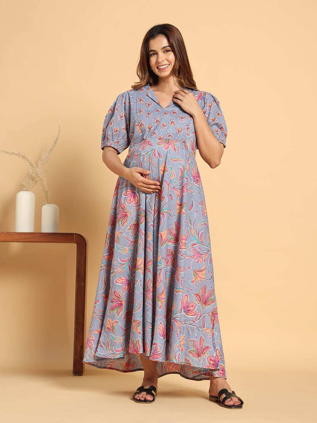 Pastel Floral Collar-Neck Maternity & Postpartum Flared Gown