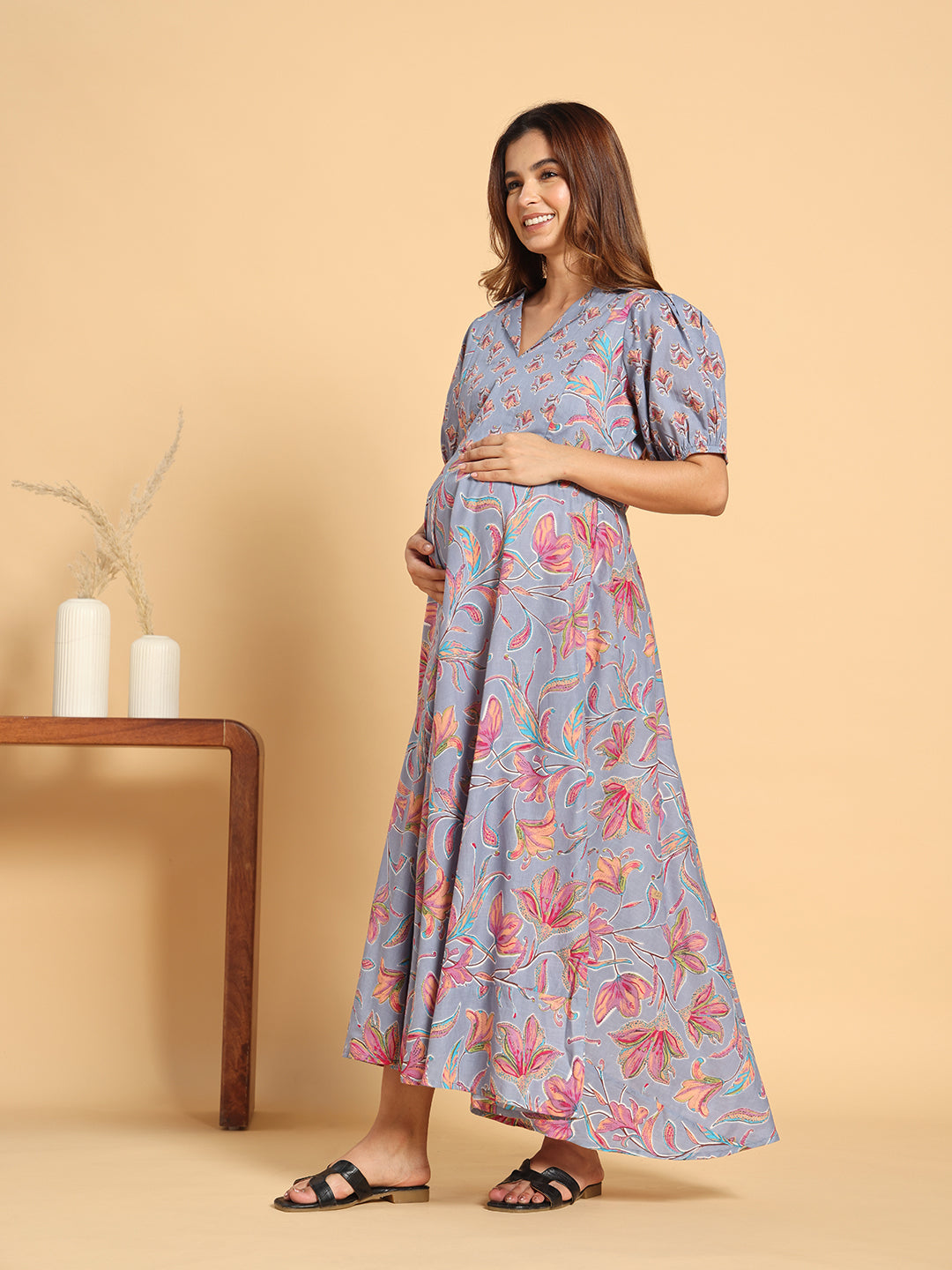 Pastel Floral Collar-Neck Maternity & Postpartum Flared Gown