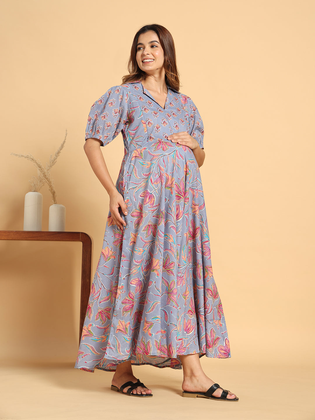 Pastel Floral Collar-Neck Maternity & Postpartum Flared Gown