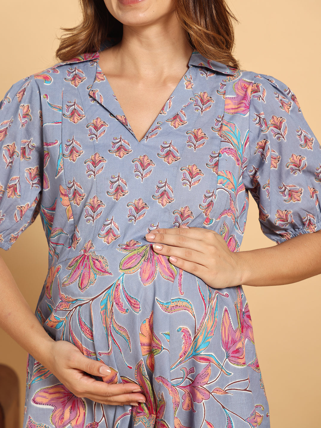 Pastel Floral Collar-Neck Maternity & Postpartum Flared Gown