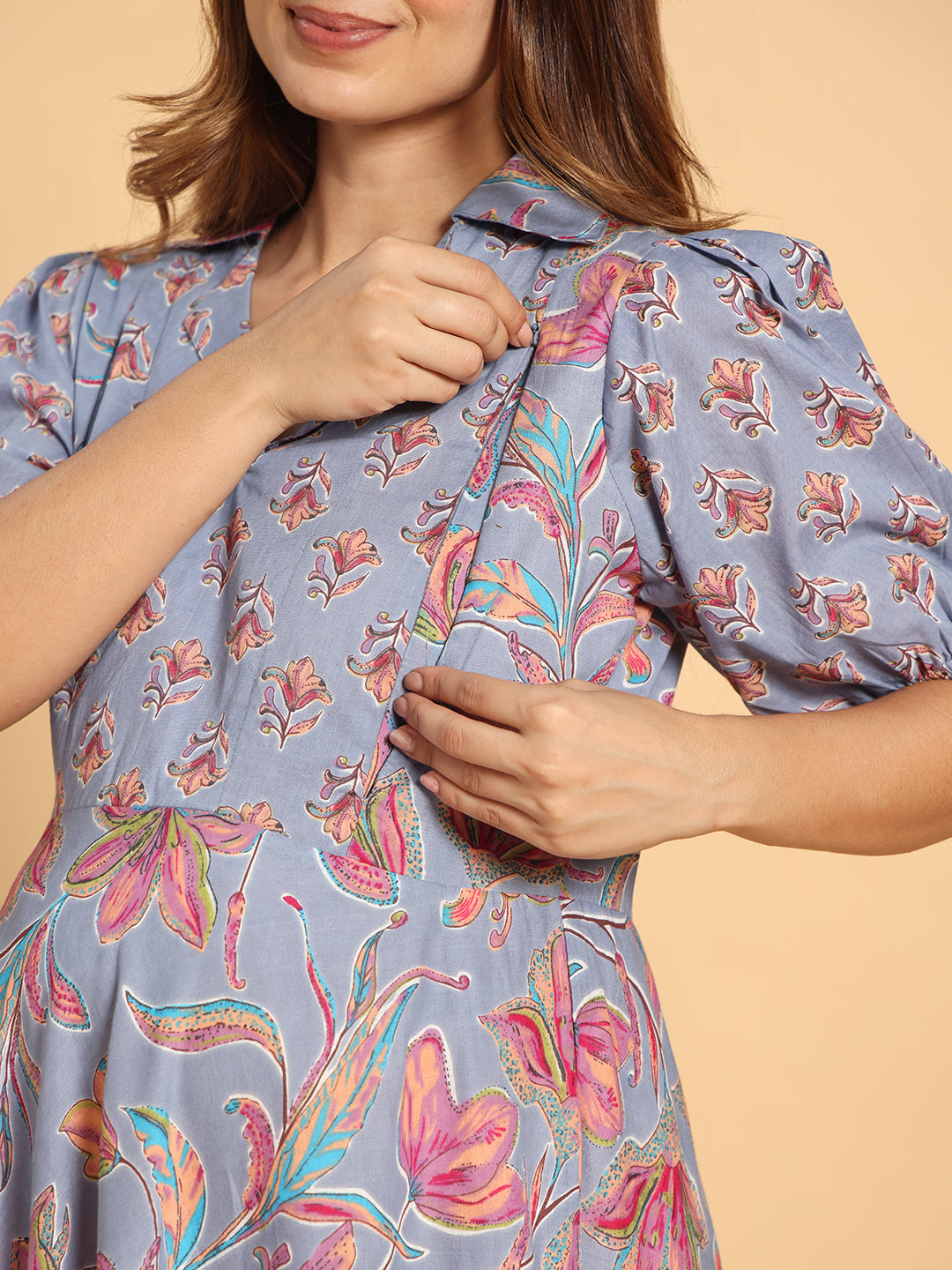 Pastel Floral Collar-Neck Maternity & Postpartum Flared Gown