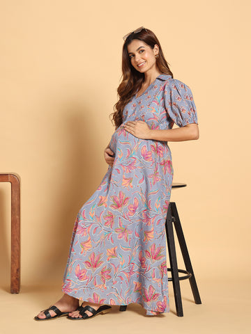 Pastel Floral Collar-Neck Maternity & Postpartum Flared Gown