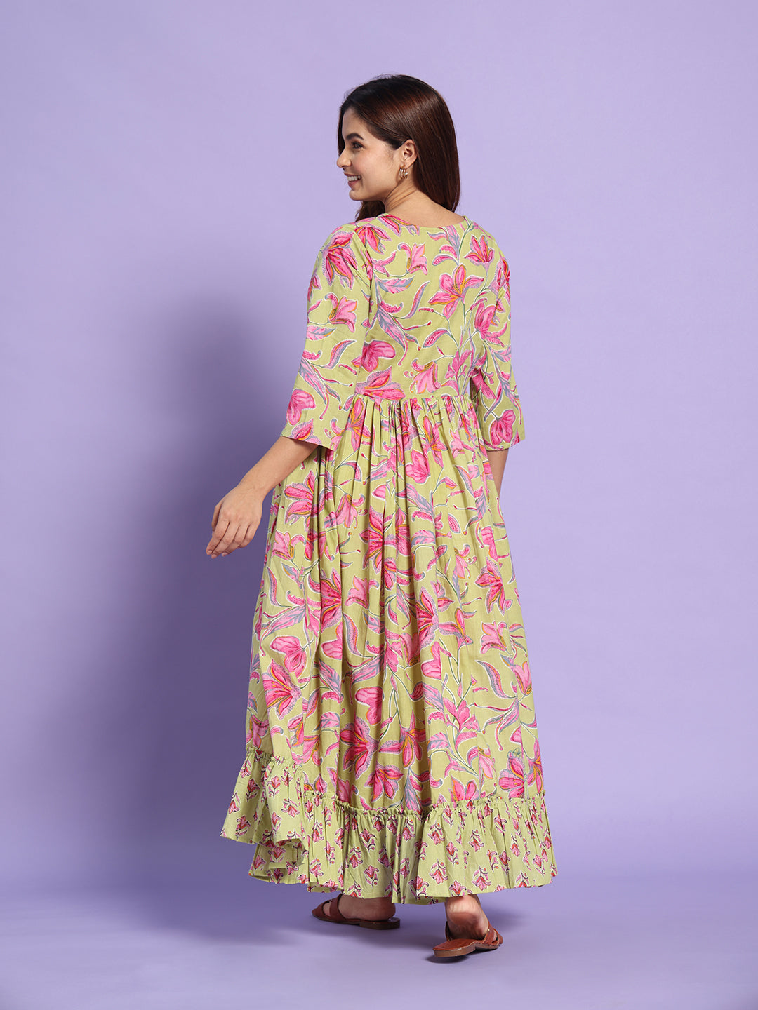 Floral  Cotton Maternity Maxi Dress with Ruffle Hem – Sage Green & Pink