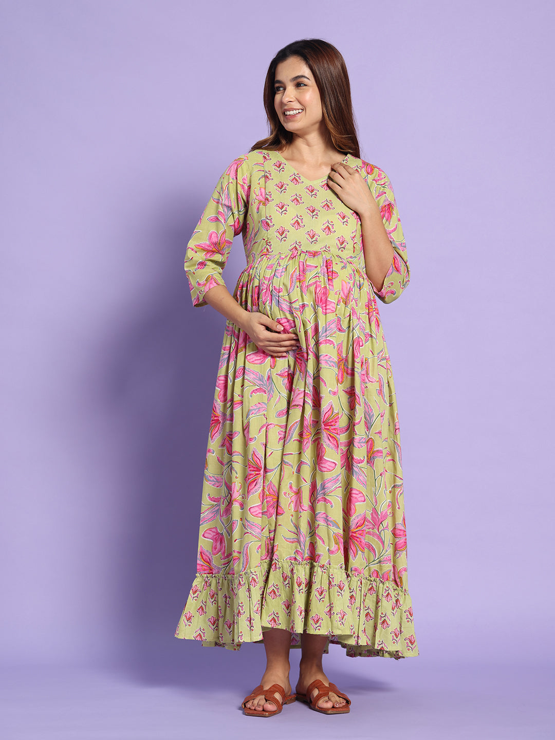 Floral  Cotton Maternity Maxi Dress with Ruffle Hem – Sage Green & Pink