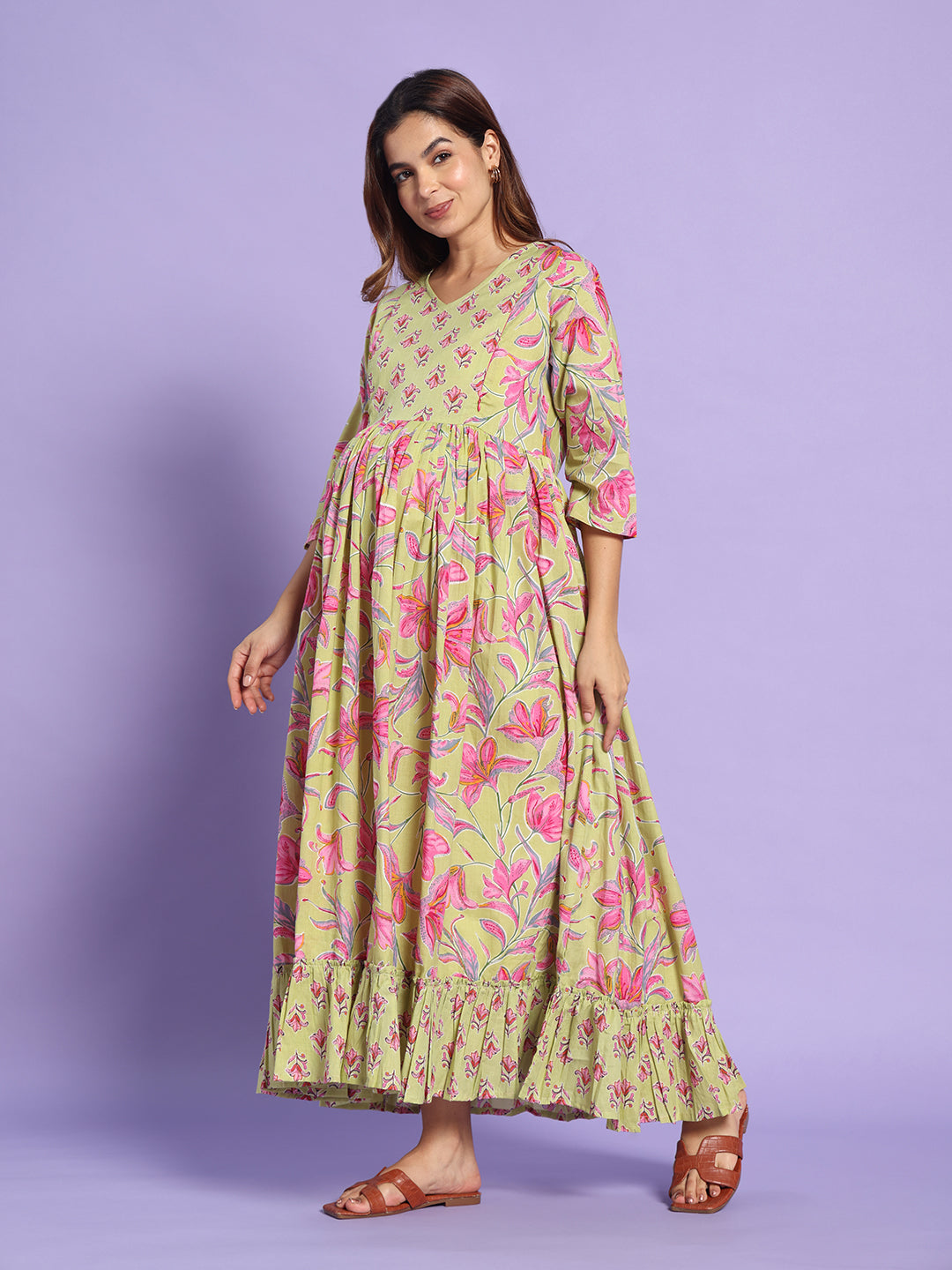 Floral  Cotton Maternity Maxi Dress with Ruffle Hem – Sage Green & Pink