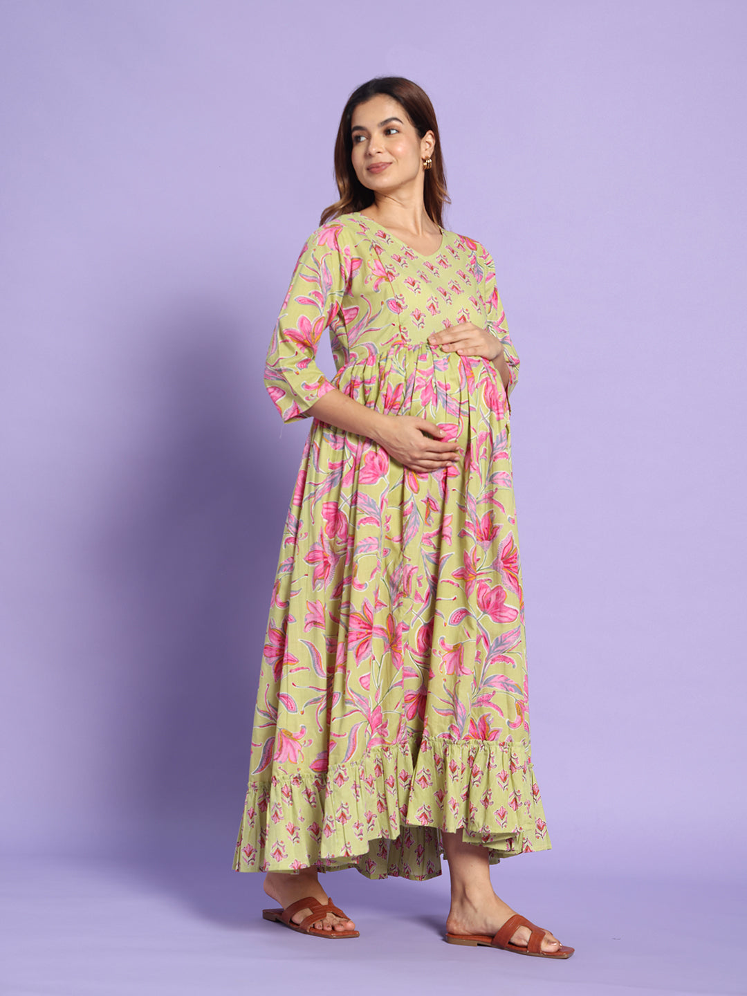 Floral  Cotton Maternity Maxi Dress with Ruffle Hem – Sage Green & Pink