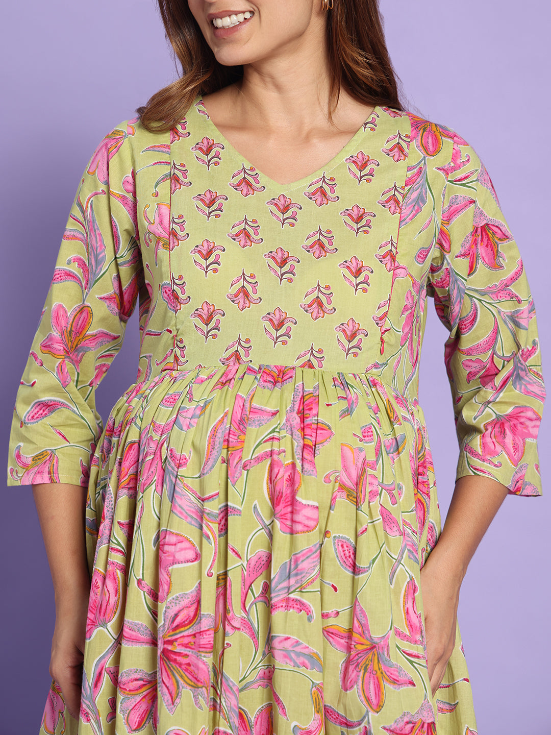 Floral  Cotton Maternity Maxi Dress with Ruffle Hem – Sage Green & Pink