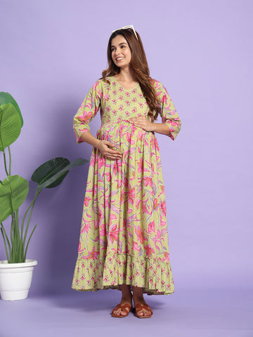Floral  Cotton Maternity Maxi Dress with Ruffle Hem – Sage Green & Pink
