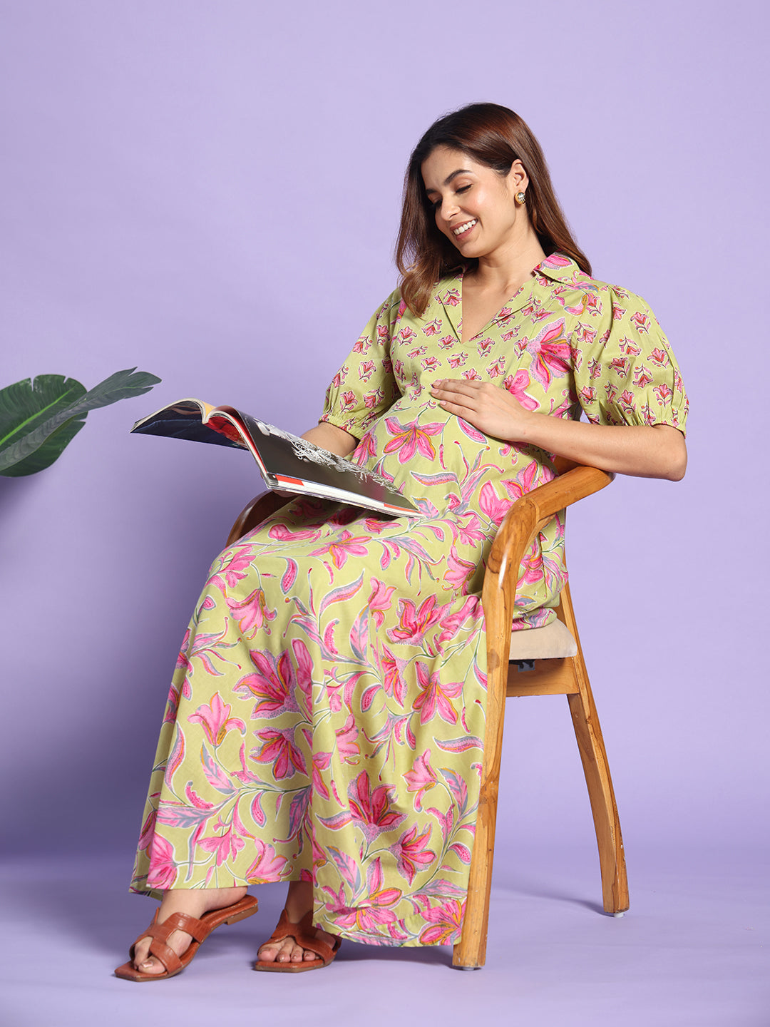 The Olive Bloom: Premium Cotton Maternity-to-Nursing Maxi Dress with Puff Sleeves