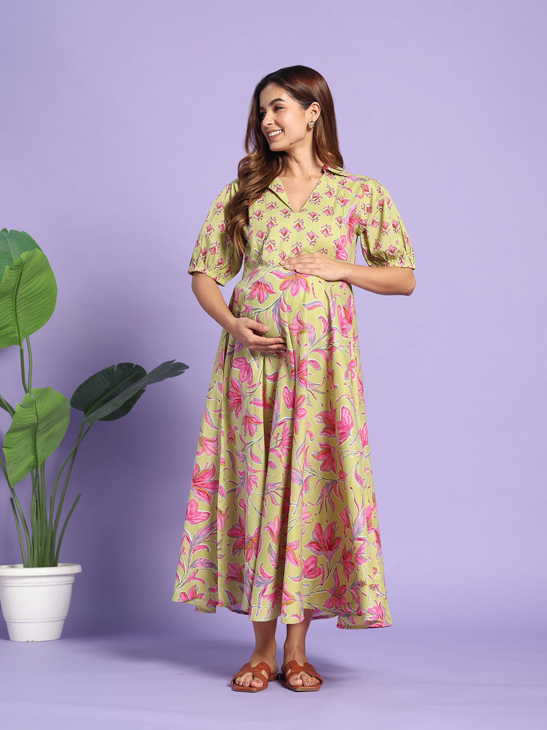The Olive Bloom: Premium Cotton Maternity-to-Nursing Maxi Dress with Puff Sleeves