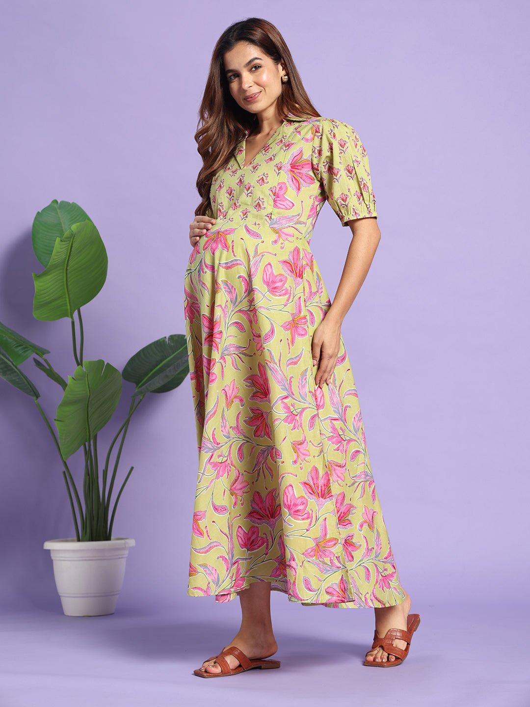 The Olive Bloom: Premium Cotton Maternity-to-Nursing Maxi Dress with Puff Sleeves
