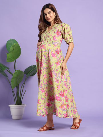 The Olive Bloom: Premium Cotton Maternity-to-Nursing Maxi Dress with Puff Sleeves