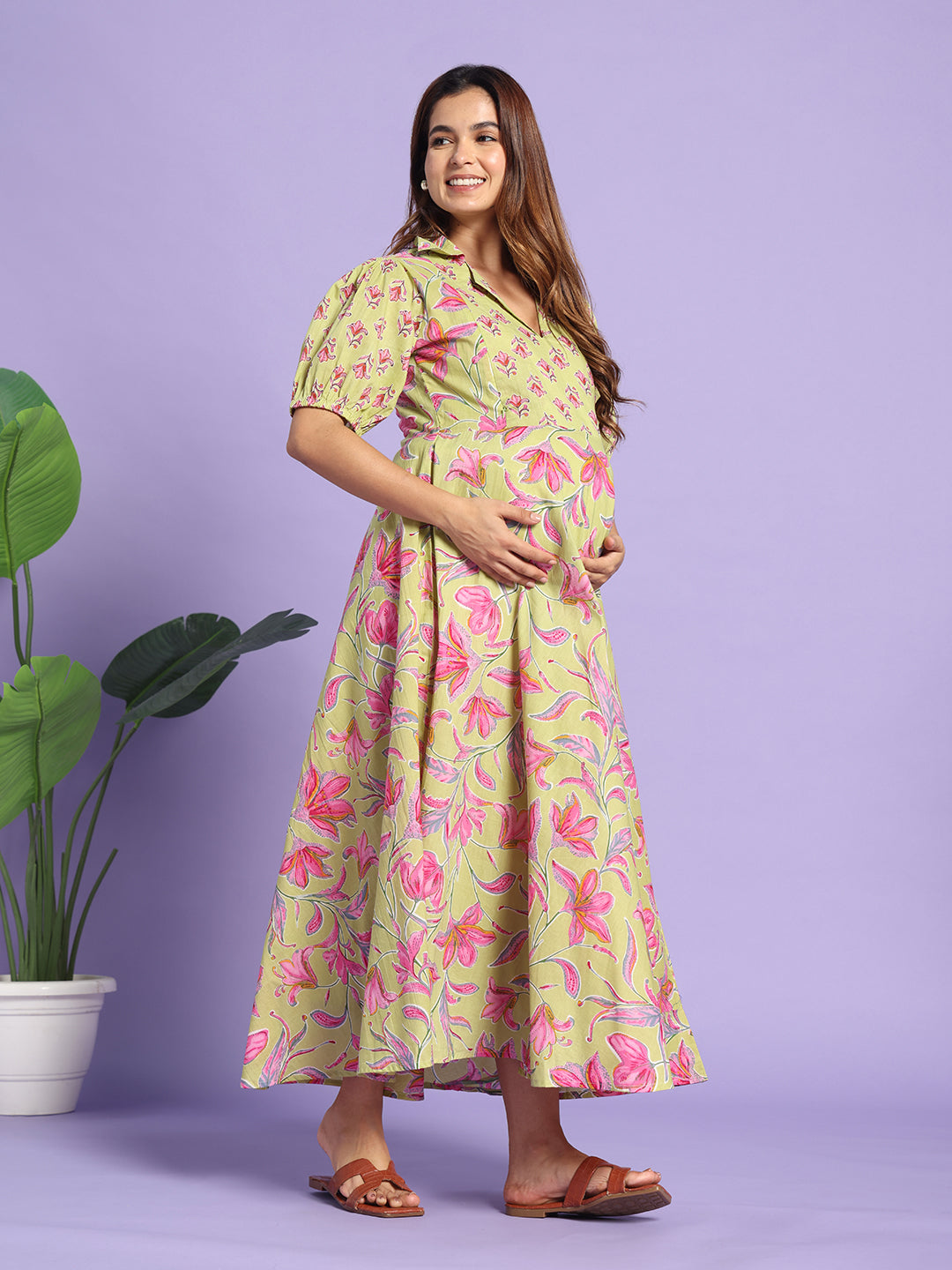 The Olive Bloom: Premium Cotton Maternity-to-Nursing Maxi Dress with Puff Sleeves