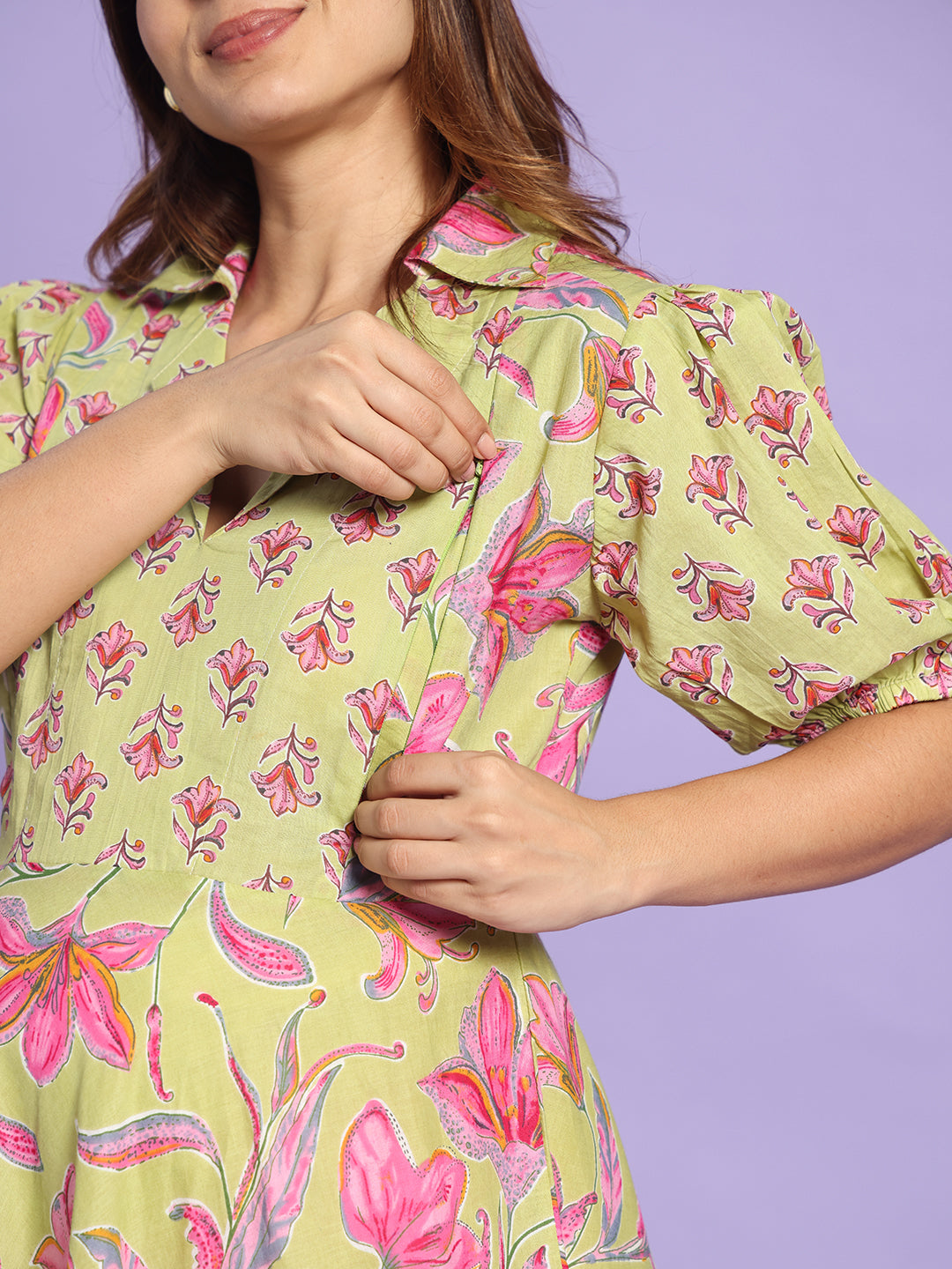 The Olive Bloom: Premium Cotton Maternity-to-Nursing Maxi Dress with Puff Sleeves