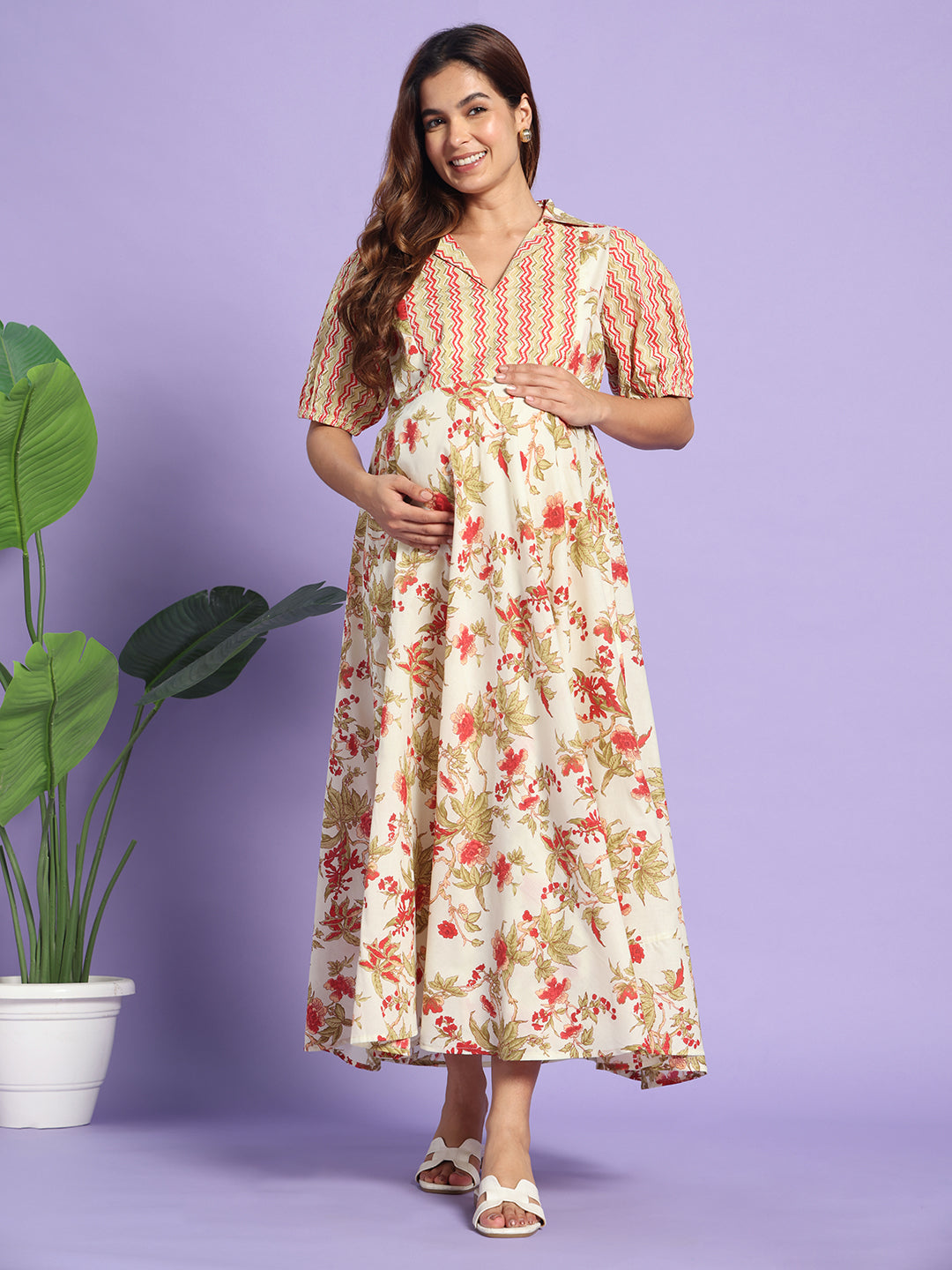 The Crimson Bloom: Dual-Print Cotton Maternity & Nursing Maxi Gown
