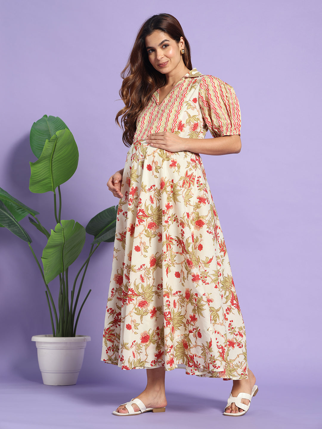 The Crimson Bloom: Dual-Print Cotton Maternity & Nursing Maxi Gown